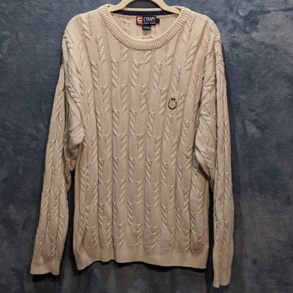 Vtg Chaps Ralph Lauren Men Beige Cable Knit Cotton Crewneck Sweater Crest Logo L